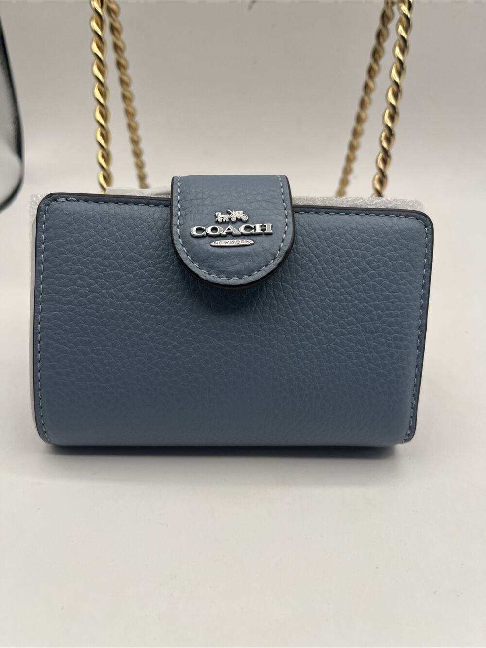 Coach CB041 Medium Corner Zip Wallet Pebble Leather Pale Lapis Blue NWT